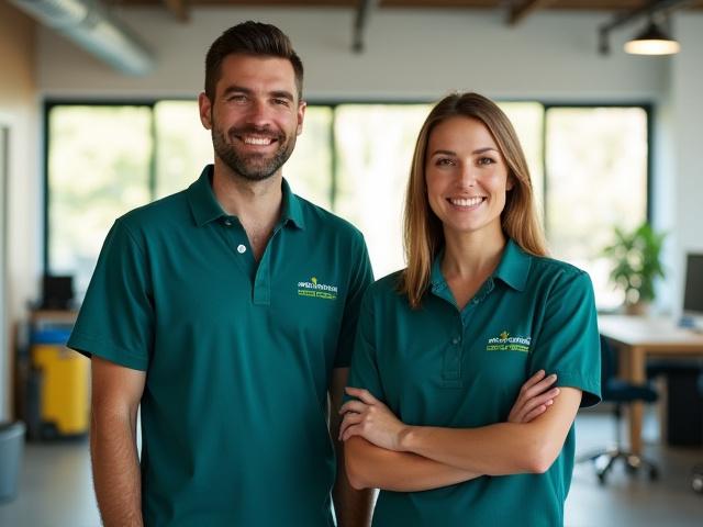 Prairie Wind Wash cleaning team smiling in a pristine office.