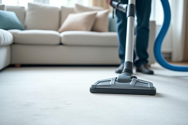 Professional carpet cleaner using a steam machine on a fabric sofa
