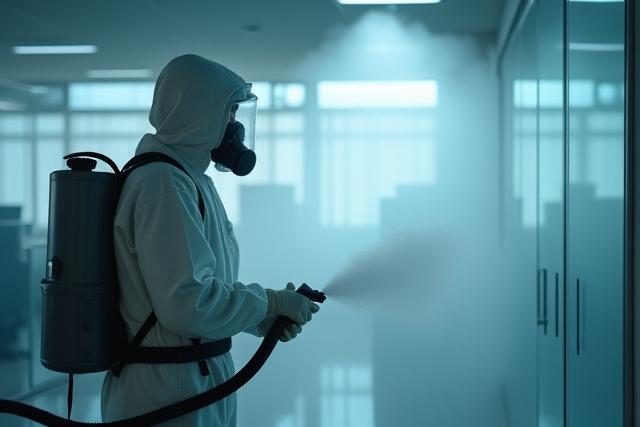 Professional cleaner in hazmat suit disinfecting an office with a fog machine