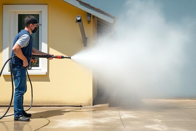 Exterior of a house being pressure washed, clean and dirty contrast